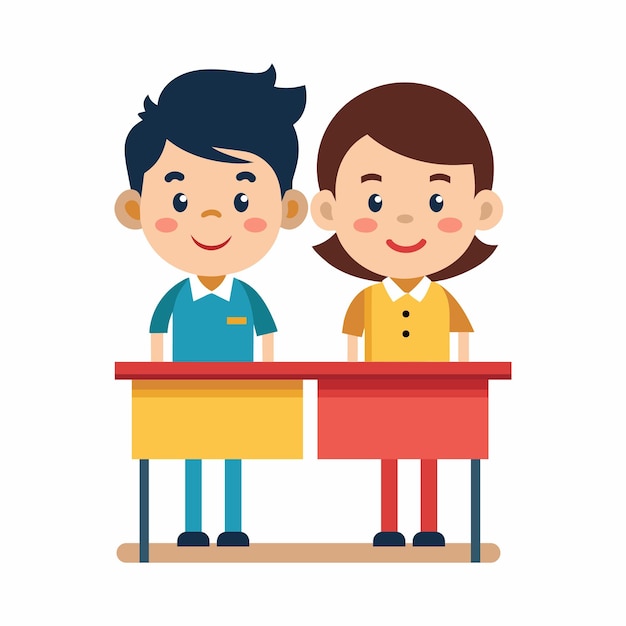 Dos niños lindos sentados en el escritorio de estudio Ilustración vectorial