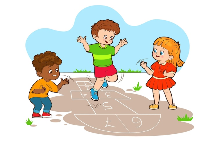 Vector dos niños y una niña están saltando mientras juegan a la rayuela ilustración vectorial en estilo de dibujos animados