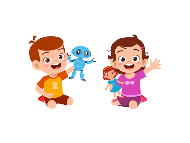 Dos niños, niño y niña, juegan juntos al robot y a la muñeca.