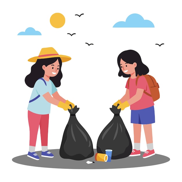 Dos niños participando en una actividad de limpieza comunitaria en un estilo de arte vectorial plano brillante que muestra el trabajo en equipo y la responsabilidad ambiental con sonrisas y entusiasmo