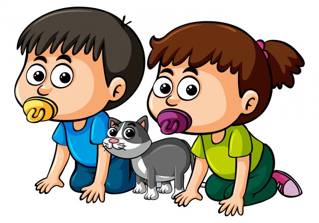 Vector dos niños pequeños y pequeño gato