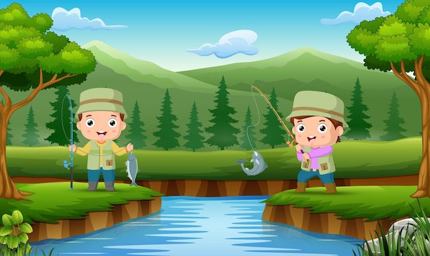 Vector dos niños pescando peces de dibujos animados