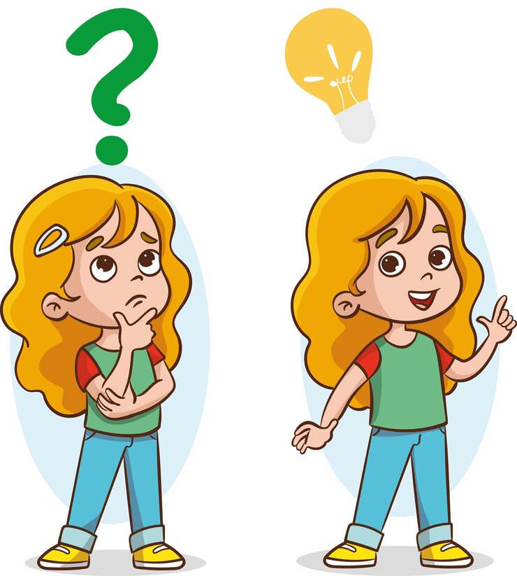 Vector dos niños signos de interrogación y bombillas nuevas buenas ideas concepto de diseño para proyectos infantiles