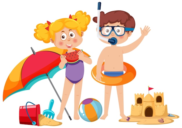 Dos niños en el tema de la playa de verano.
