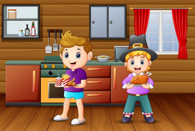 Dos niños trayendo comida en la cocina.