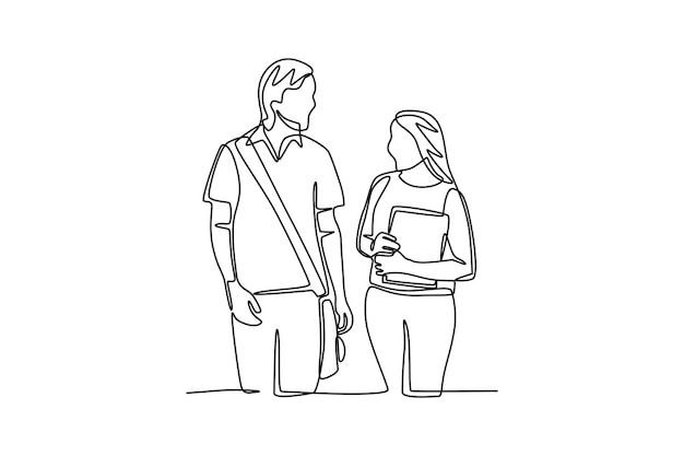 Dos niños van a la escuela mientras charlan de vuelta a la escuela concepto dibujo en línea