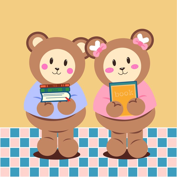 Dos osos de peluche leyendo libros