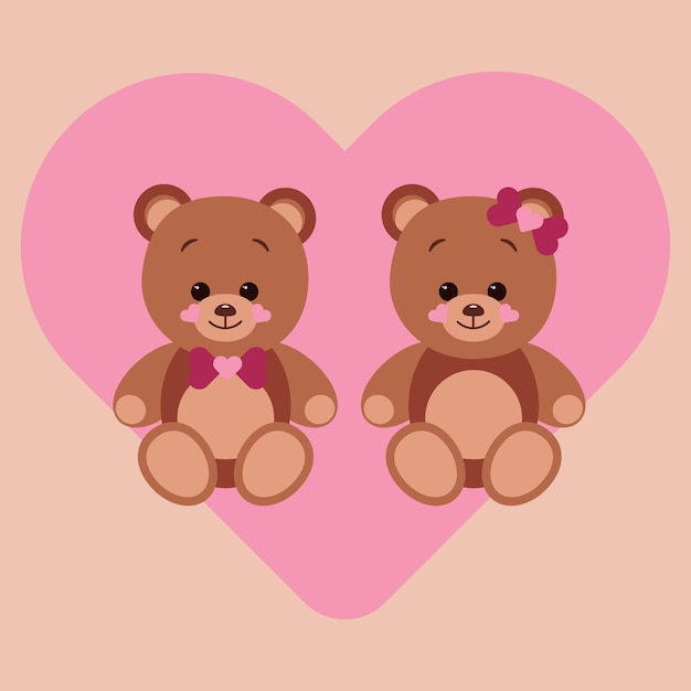 Dos osos de peluche se sientan en el fondo de un gran corazón rosa El concepto de ilustración vectorial plana del Día de San Valentín aislado en un fondo rojo