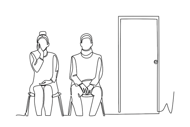 Dos pacientes enfermos hacen cola en la clínica Esperando en el concepto de la sala de espera de la clínica dibujo en línea