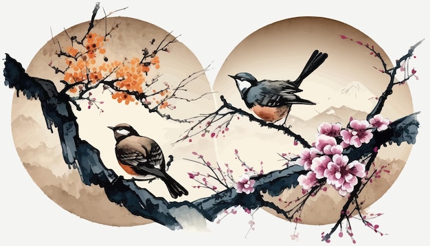 Vector dos pájaros en la rama de un árbol de sakura floreciente ilustración vectorial