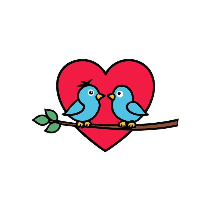 Vector dos pájaros en una rama con un corazón que dice "amor"