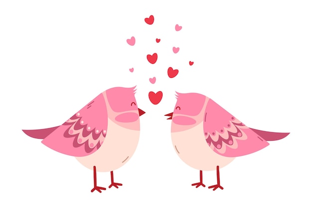 Dos pájaros rosados enamorados concepto del día de San Valentín Ilustración aislada de vector plano