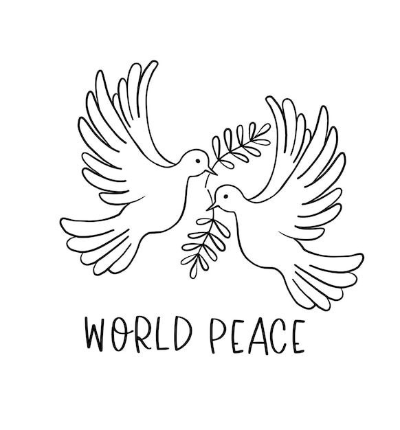 Dos palomas voladoras con una rama y hojas Paloma de la paz Boceto de línea dibujada a mano