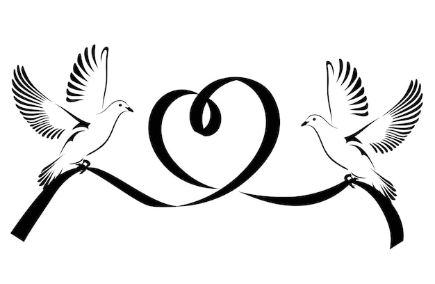 Dos palomas volando con una cinta negra en forma de corazón Ilustración vectorial de la paloma de la paz