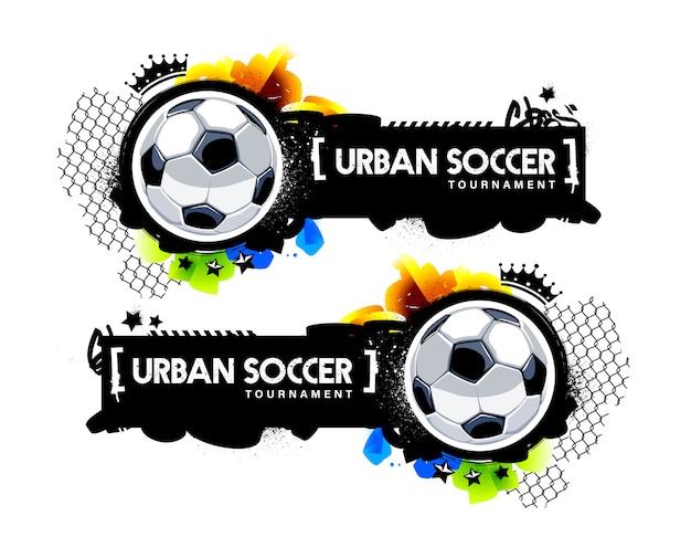 Vector dos pancartas horizontales con balones de fútbol y elementos de graffiti. gráfico de vector de estilo de arte urbano urbano para el diseño de fútbol.