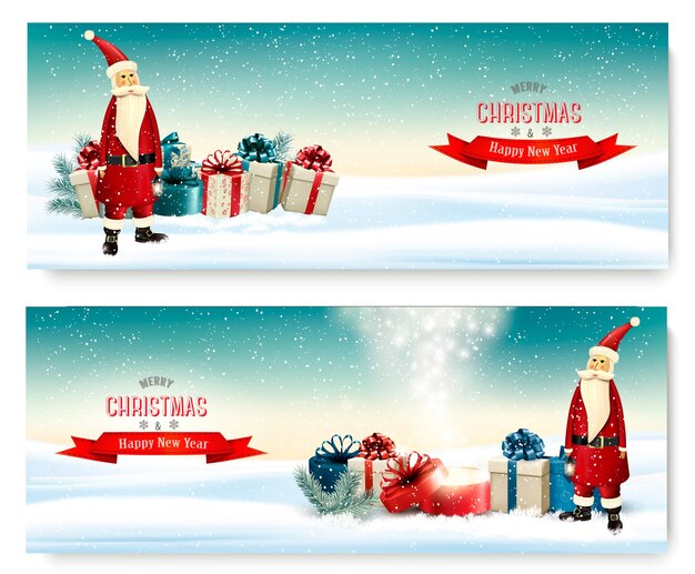 Dos pancartas navideñas con cajas de regalo y Santa Claus. Vector