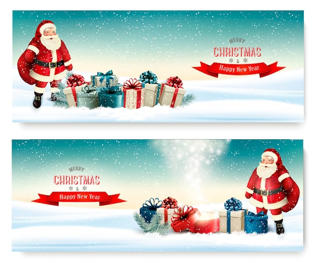 Dos pancartas navideñas con cajas de regalo y Santa Claus. Vector