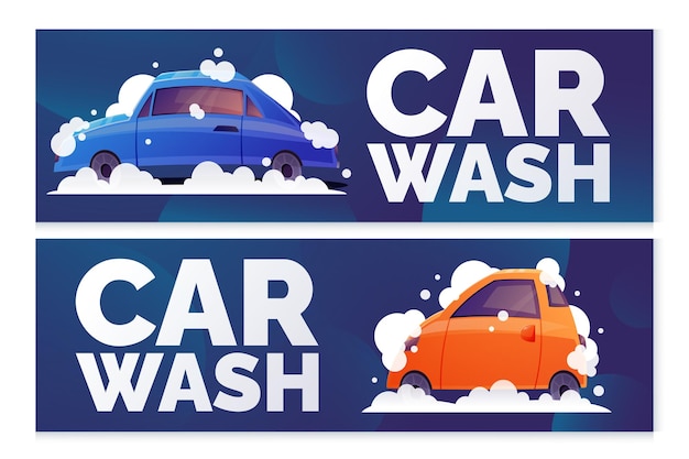 Dos pancartas publicitarias vectoriales para automóviles de pasajeros de dibujos animados de Car Wash con espuma de lavado y jabón