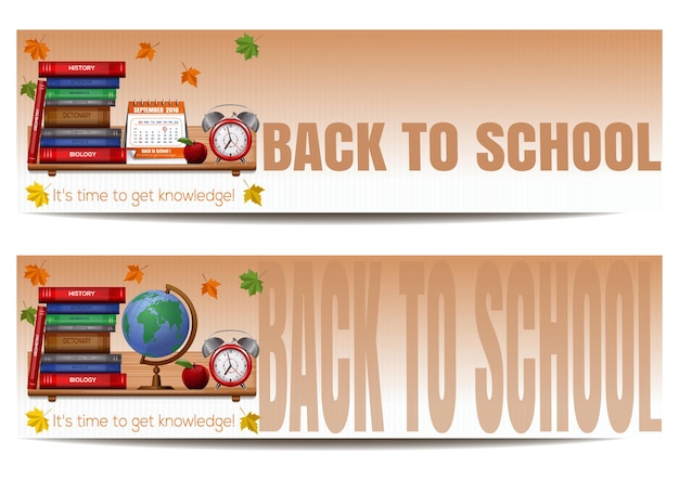 Dos pancartas con útiles escolares. de vuelta a la escuela. es hora de obtener conocimiento. ilustración vectorial