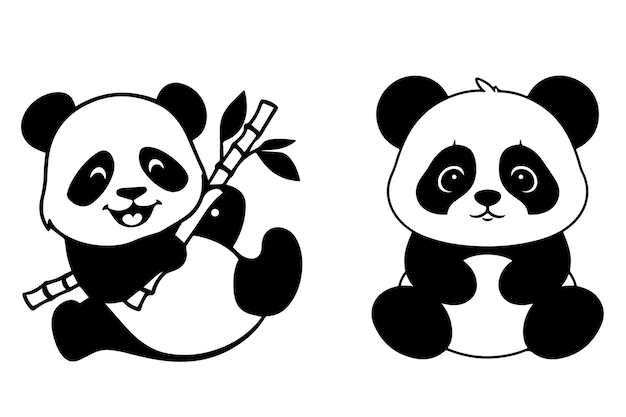 dos pandas con un palo en las manos y un panda con un pallo en la boca