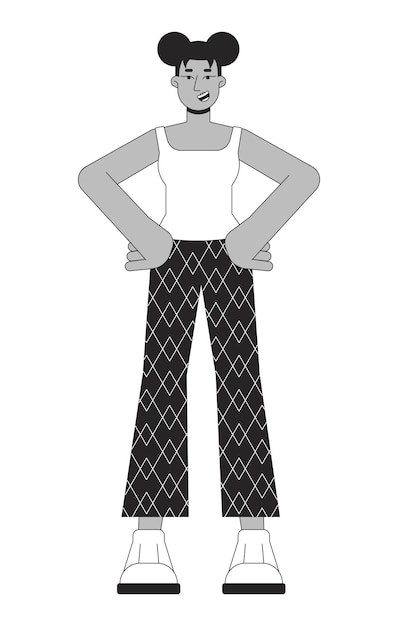 Dos panes mujer afroamericana poder posando en blanco y negro 2D línea personaje de dibujos animados