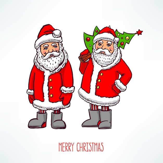 Dos papá noel amistoso colorido lindo. ilustración dibujada a mano