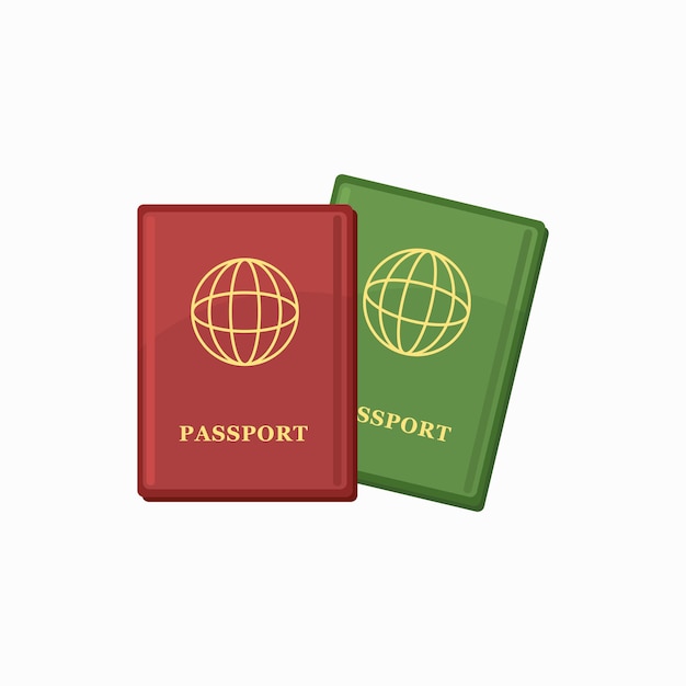 Vector dos pasaportes en icono de colores rojo y verde en estilo de dibujos animados aislado sobre fondo blanco