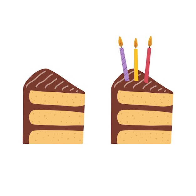 Dos pedazos de pastel de chocolate con crema delicada con tres velas fue dibujado a mano por Vector