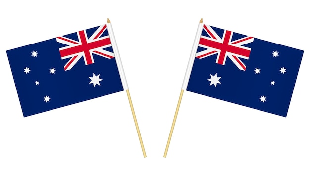 Dos pequeñas banderas australianas aisladas sobre fondo blanco mini bandera de australia en el poste