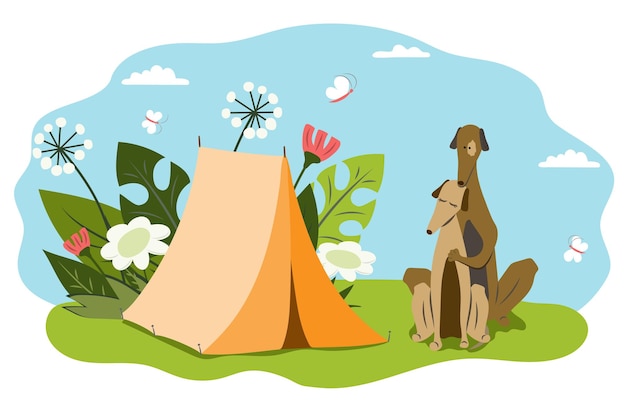 Dos perros galgos descansan en un picnic con una carpa Vacaciones de verano campamento fecha turismo pareja