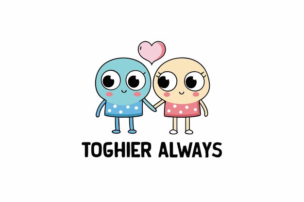 dos personajes coloridos con corazones diciendo juntos