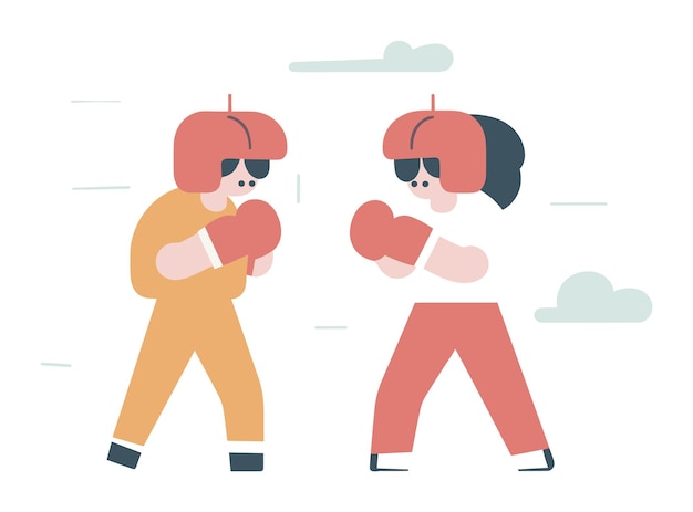 Dos personajes de dibujos animados en equipo de boxeo luchando al aire libre mostrando el entrenamiento estilizado de boxeadores masculinos y femeninos