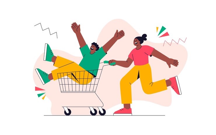 Vector dos personajes de dibujos animados jugando alegremente con un carrito de compras que encarna la amistad y la diversión enérgica