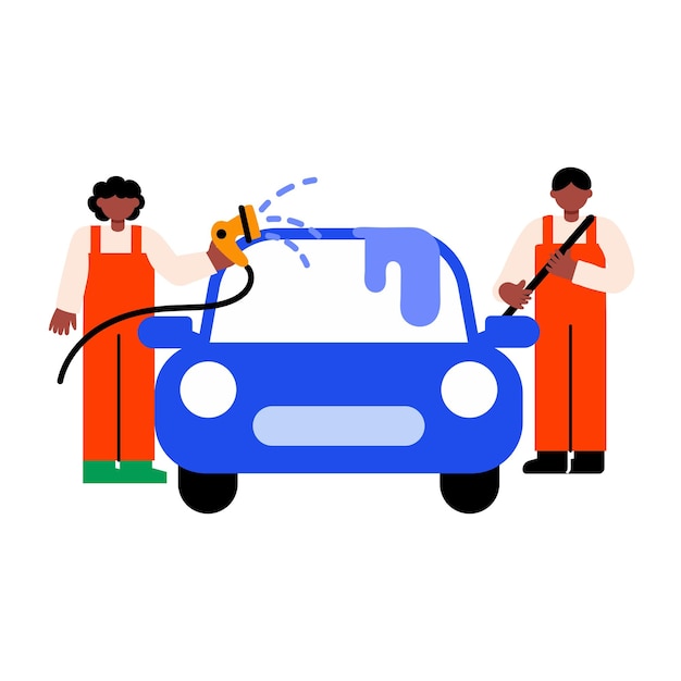 Dos personajes lavando coches con un icono de estilo plano