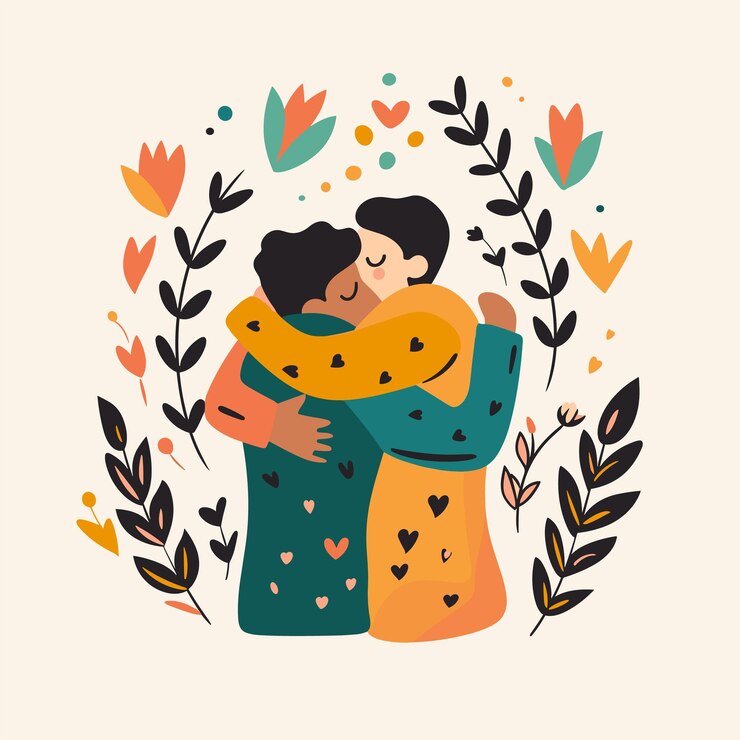 Vector dos personas abrazando rodeados de elementos florales decorativos que expresan afecto caricatura de amor