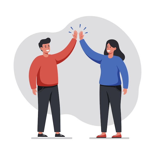 Dos personas alegres con ropa casual realizando un highfive contra un fondo minimalista en una ilustración vectorial de estilo de diseño plano