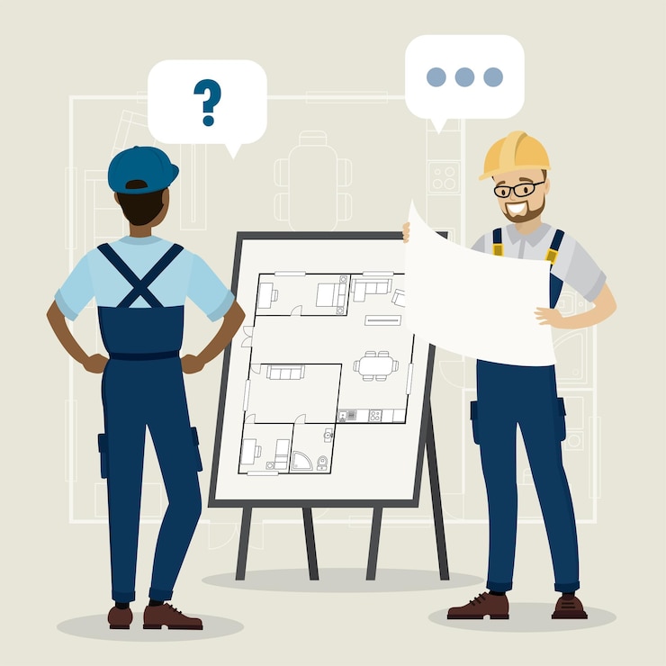 Vector dos personas, arquitecto, están hablando de tablero con plano de casa o vector de esquema de apartamento