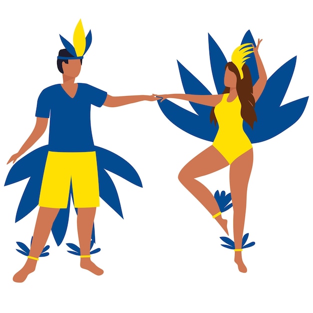 Vector dos personas bailan en carnaval. hombre y mujer en traje de carnaval bailando en azul y amarillo.