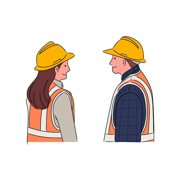 dos personas con chalecos de construcción están hablando entre sí