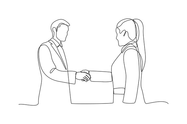 Dos personas se dan la mano después de hacer un trato en la oficina Concepto minimalista de negocios Línea continua simple