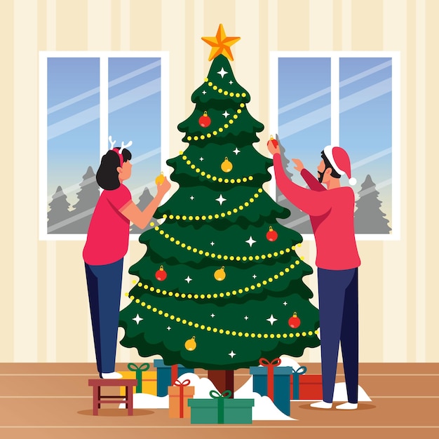 dos personas decorando un árbol de Navidad con una estrella en él