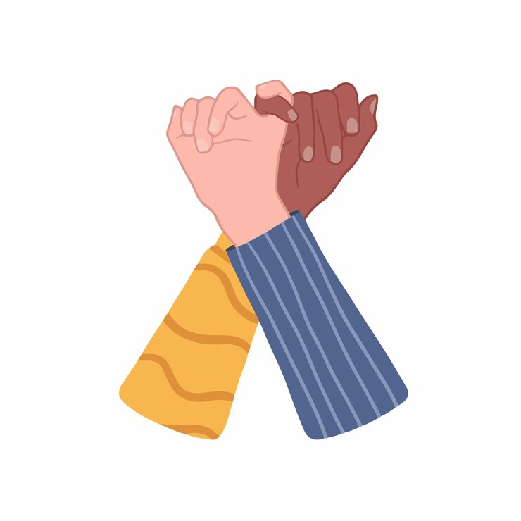 Vector dos personas con diferente color de piel hacen pinky swear dibujado a mano amor color ilustración vectorial