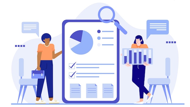Dos personas en el equipo empresarial están evaluando los resultados del proyecto y preparando informes