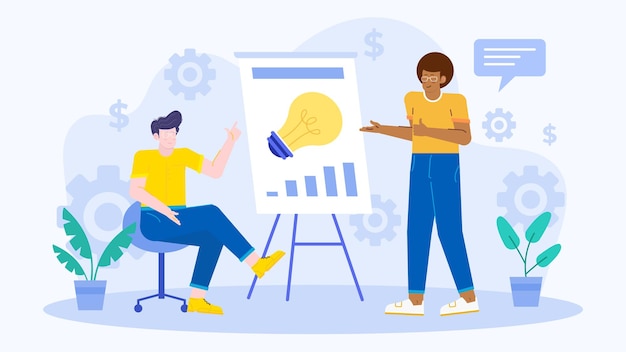 Dos personas en un equipo de negocios están discutiendo y hablando sobre ideas y estrategias de negocio en un espacio de coworking moderno y creativo
