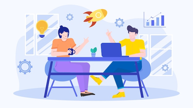 Dos personas en un equipo de negocios están discutiendo y hablando sobre ideas y estrategias de negocio en un espacio de coworking moderno y creativo