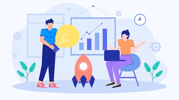 Dos personas en un equipo de negocios están discutiendo y hablando sobre ideas y estrategias de negocio en un espacio de coworking moderno y creativo