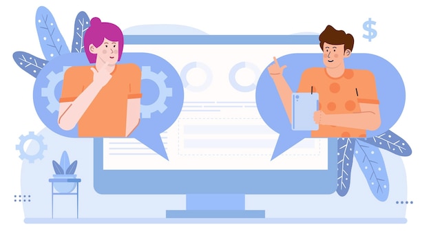 Dos personas en un equipo de negocios están discutiendo y hablando sobre ideas y estrategias de negocio