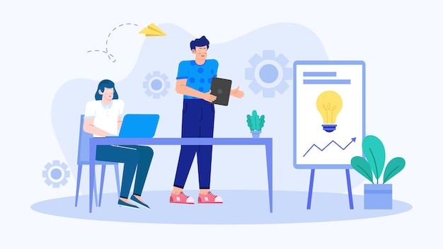 Dos personas en un equipo de negocios están discutiendo y hablando sobre ideas y estrategias de negocio