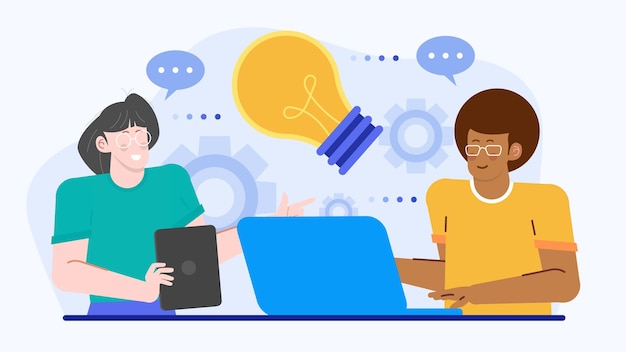 Dos personas en un equipo de negocios están discutiendo y hablando sobre ideas y estrategias de negocio
