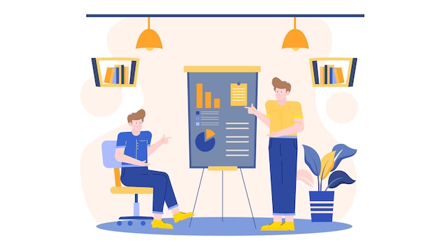 Dos personas en un equipo de negocios están presentando acerca de la idea de negocio y la estrategia